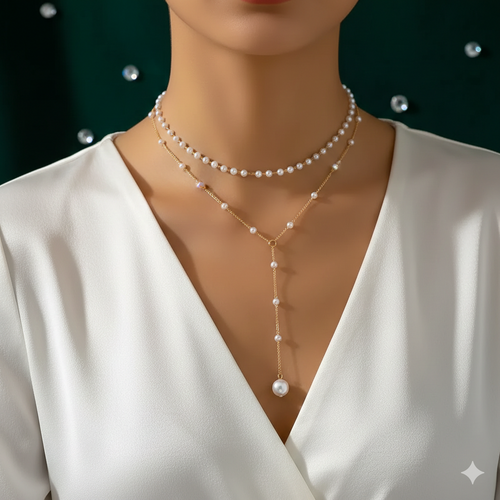 Bohemian Double-Layered Pearl Choker – Chic Tassel Ball Pendant Necklace for Women