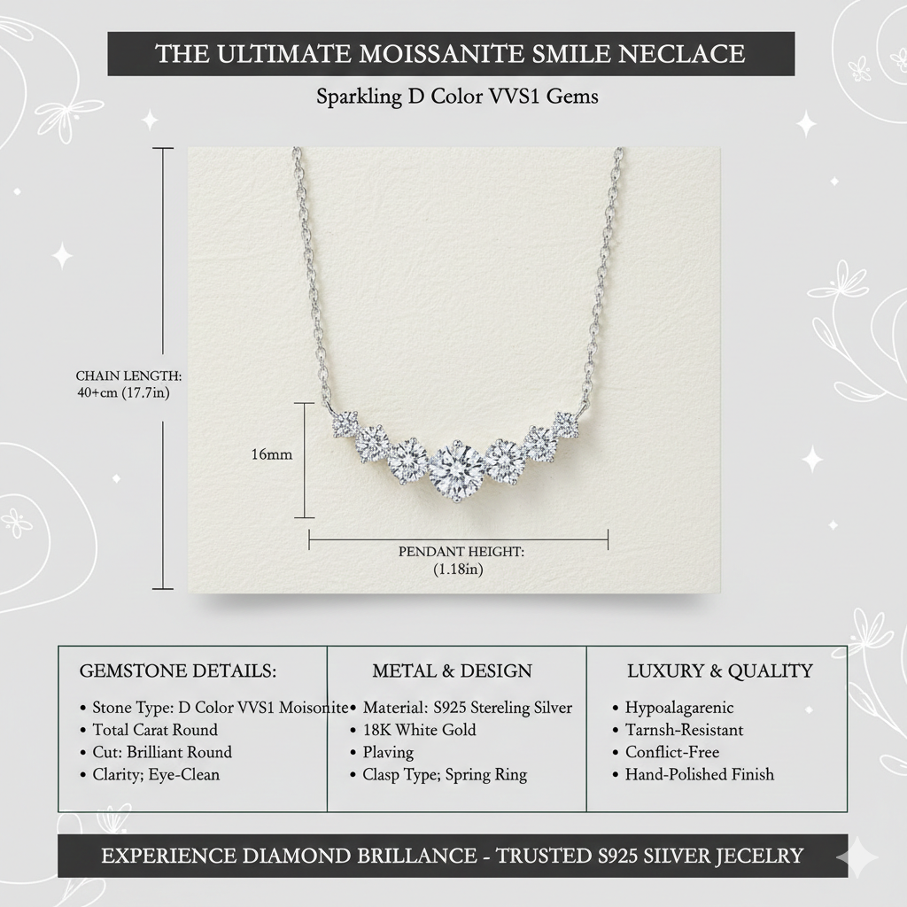 D Color VVS1 Moissanite Smile Necklace for Women - Genuine S925 Sterling Silver Curved Diamond Pendant - Sparkling Lab-Created Diamond Jewelry - Elegant Gift for Her
