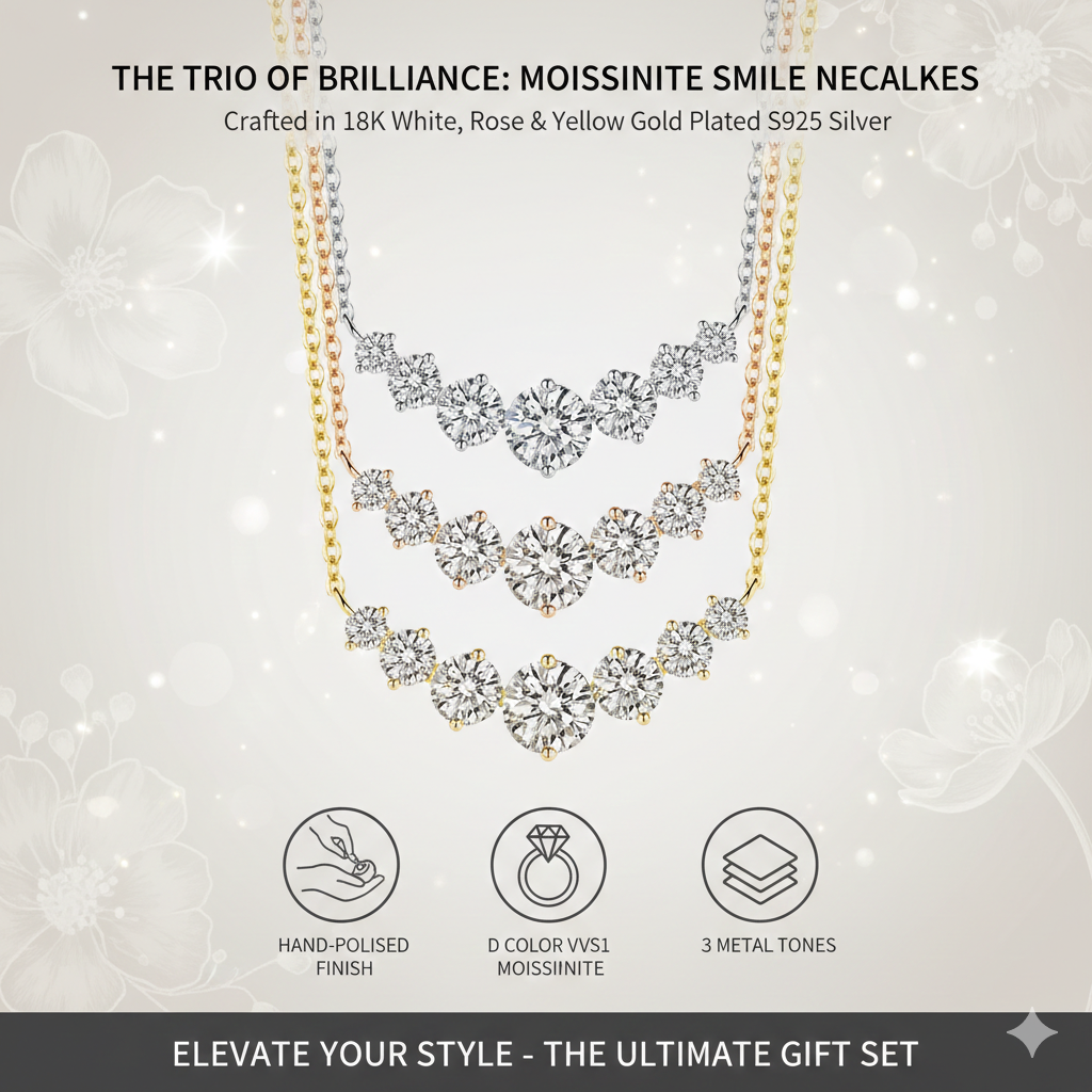 D Color VVS1 Moissanite Smile Necklace for Women - Genuine S925 Sterling Silver Curved Diamond Pendant - Sparkling Lab-Created Diamond Jewelry - Elegant Gift for Her