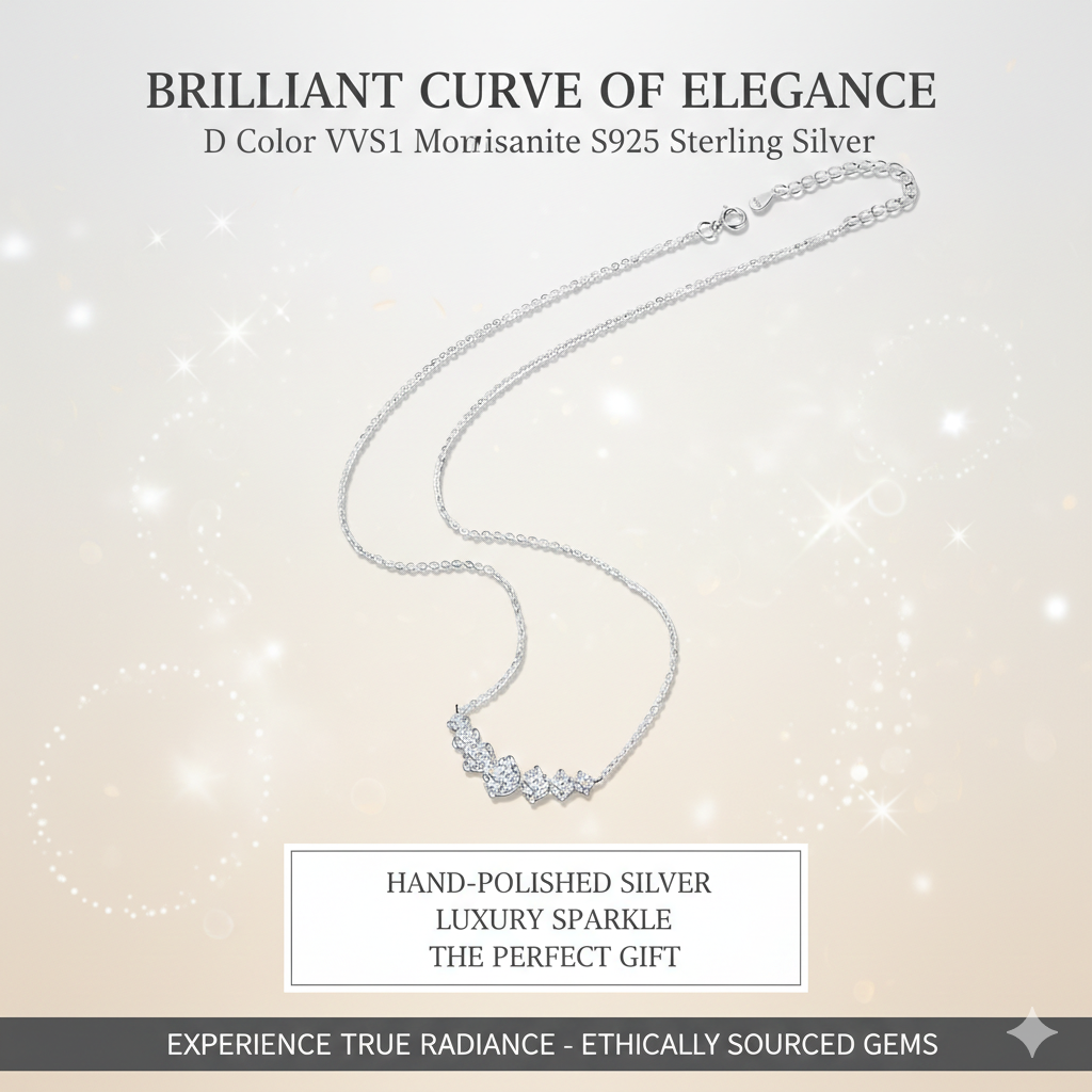 D Color VVS1 Moissanite Smile Necklace for Women - Genuine S925 Sterling Silver Curved Diamond Pendant - Sparkling Lab-Created Diamond Jewelry - Elegant Gift for Her