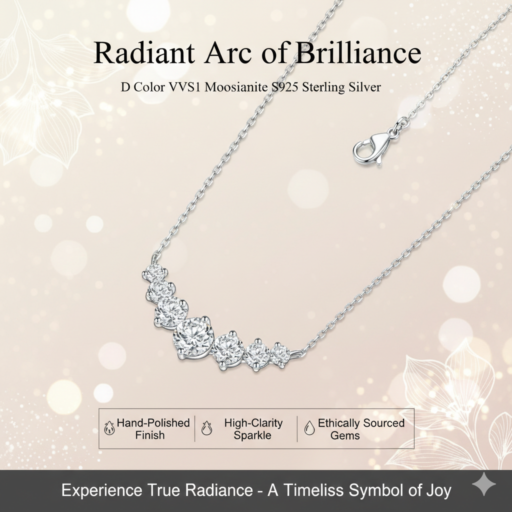 D Color VVS1 Moissanite Smile Necklace for Women - Genuine S925 Sterling Silver Curved Diamond Pendant - Sparkling Lab-Created Diamond Jewelry - Elegant Gift for Her