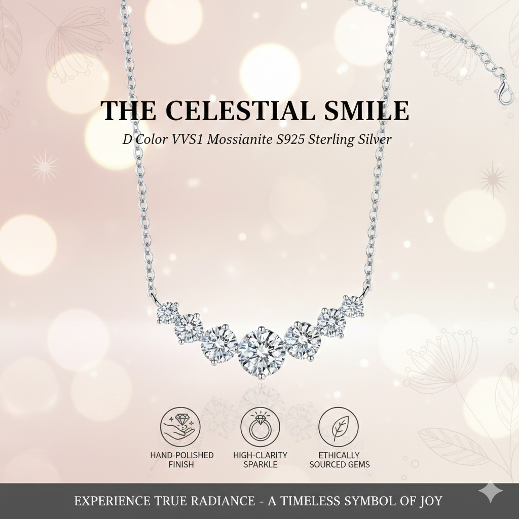 D Color VVS1 Moissanite Smile Necklace for Women - Genuine S925 Sterling Silver Curved Diamond Pendant - Sparkling Lab-Created Diamond Jewelry - Elegant Gift for Her